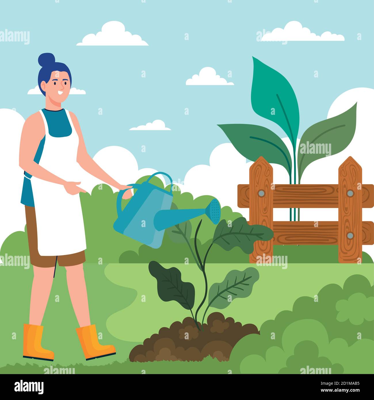 Gardening woman with watering can and plant vector design Stock Vector ...