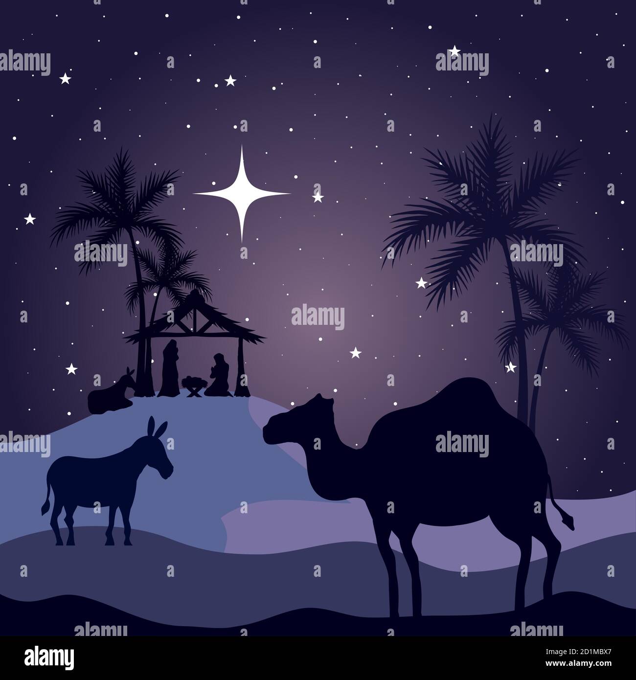 nativity mary joseph baby donkey and camel on purple background vector ...