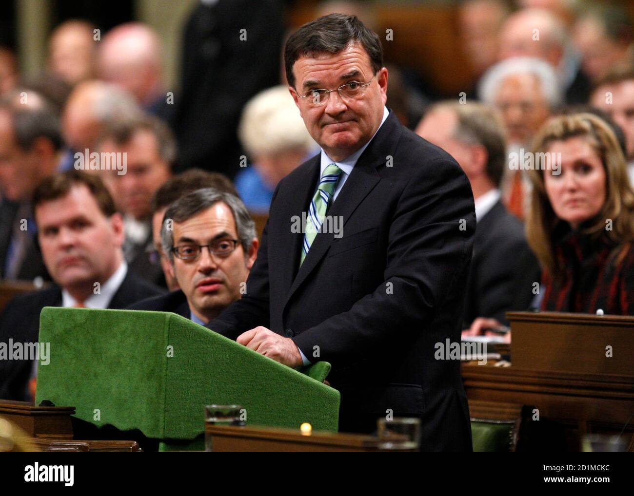 Canada's Finance Minister Jim Flaherty pauses while delivering the government's fiscal update in the House of Commons on Parliament Hill in Ottawa November 27, 2008. The Canadian economy has slipped into recession and the federal coffers are on the verge of running dry for the first time in 13 years, the government said on Thursday in a report that raised the prospect of an early election.    REUTERS/Chris Wattie (CANADA) Stock Photo