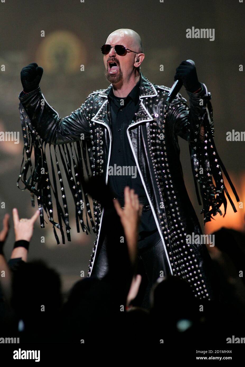 Judas Priest singer Rob Halford performs during the VH1 Rock Honors concert at the Mandalay Bay Events Center in Las Vegas, Nevada May 25, 2006. The show, honoring the legends of hard rock, will be broadcast May 31 on the VH1 network. [The tribute show celebrates the music and influence of Queen, Def Leppard, Judas Priest and KISS.] Stock Photo