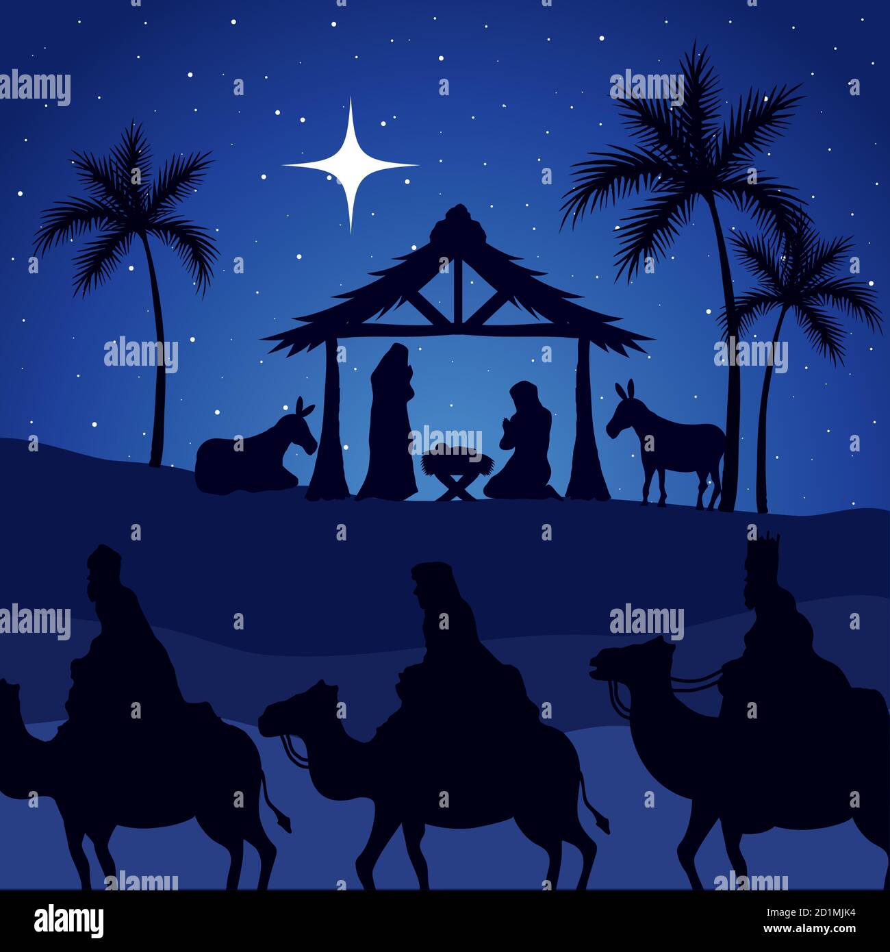 nativity mary joseph baby and wise men on blue background vector design ...