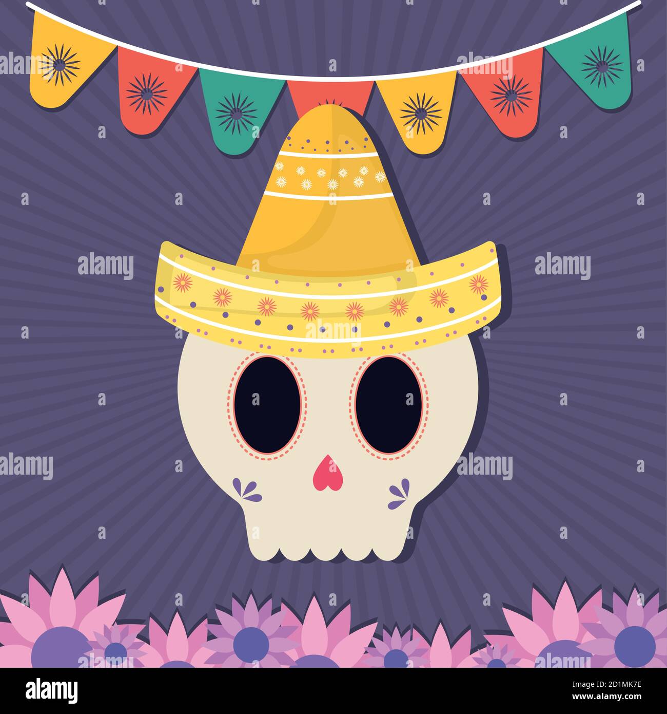 Mexican day of the dead skull with hat and flowers vector design Stock ...