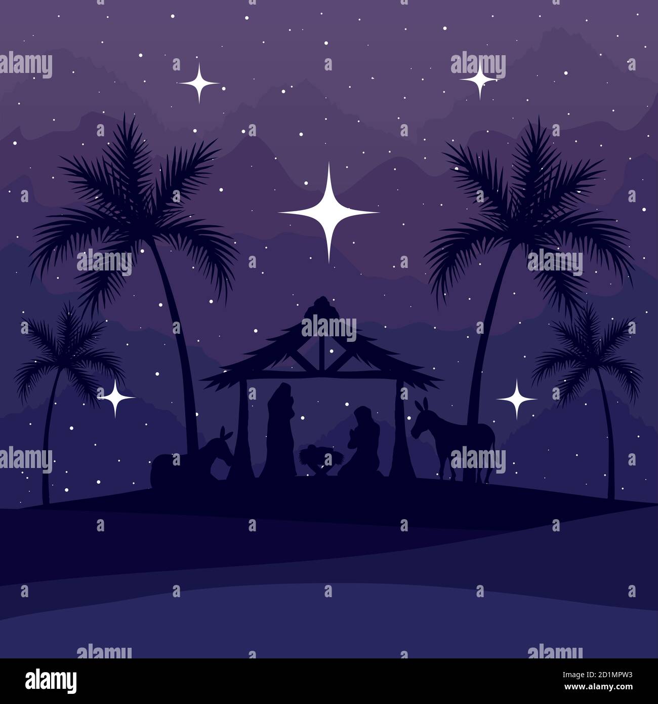 nativity mary joseph baby and donkeys on purple background vector