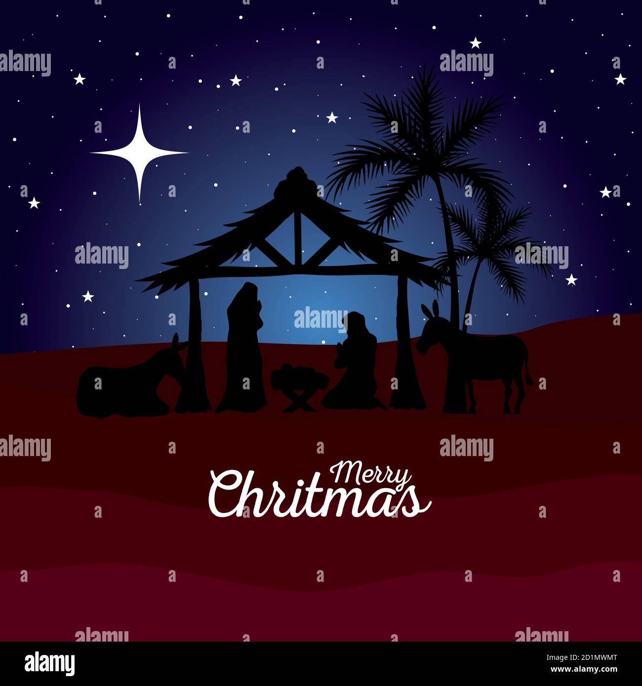 merry christmas and nativity mary joseph and baby in hut at desert ...