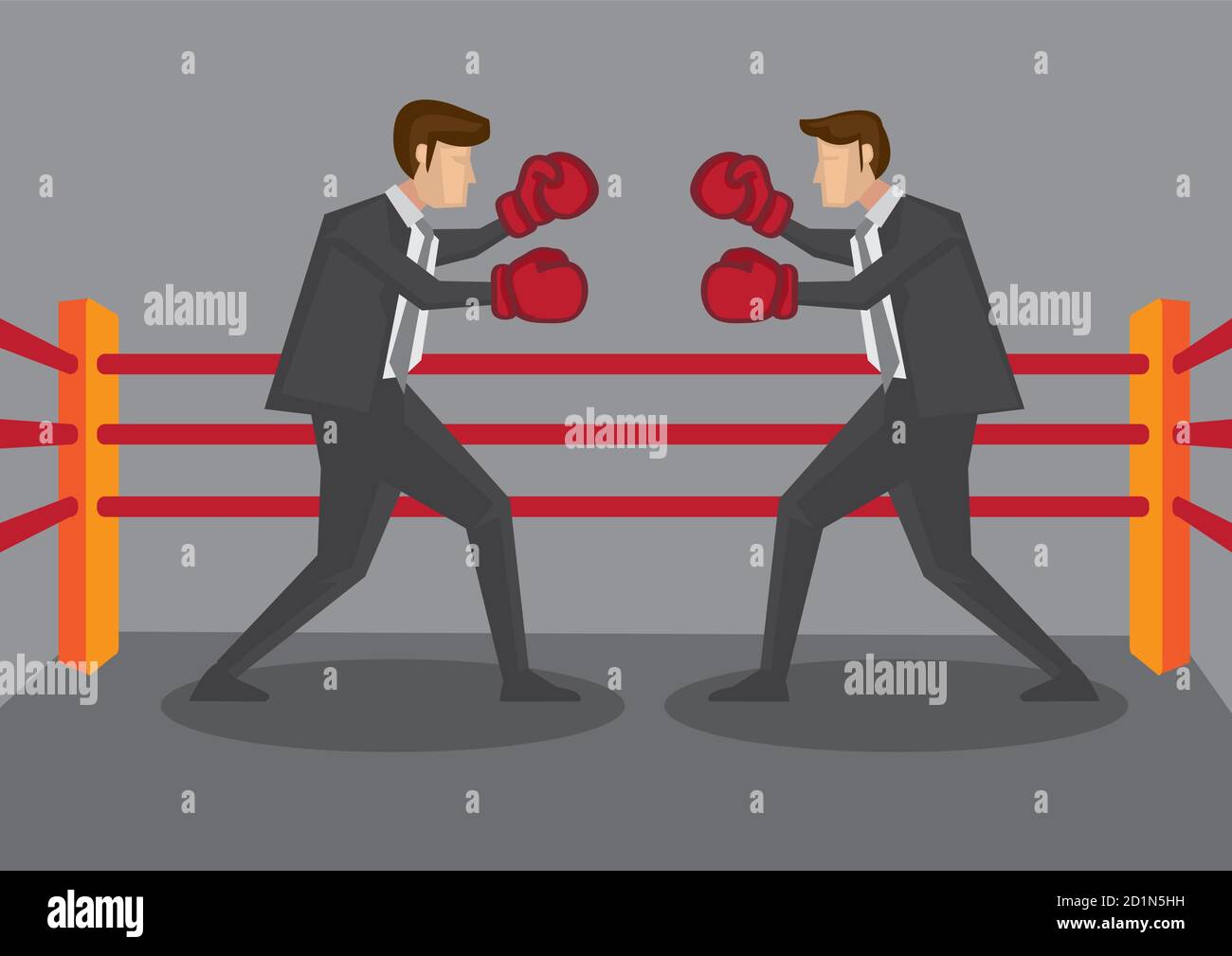 Two business executives wearing boxing gloves fighting in boxing ring. Creative cartoon vector illustration for business concept. Stock Vector