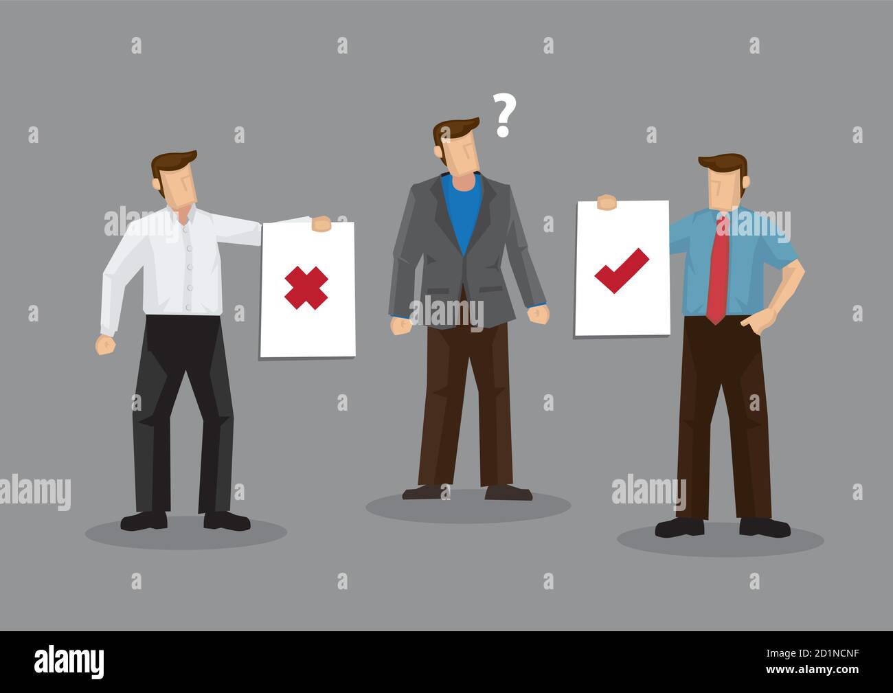 Cartoon man confusion by conflicting advice from different people. Vector illustration on confused by different opinions concept isolated on grey back Stock Vector