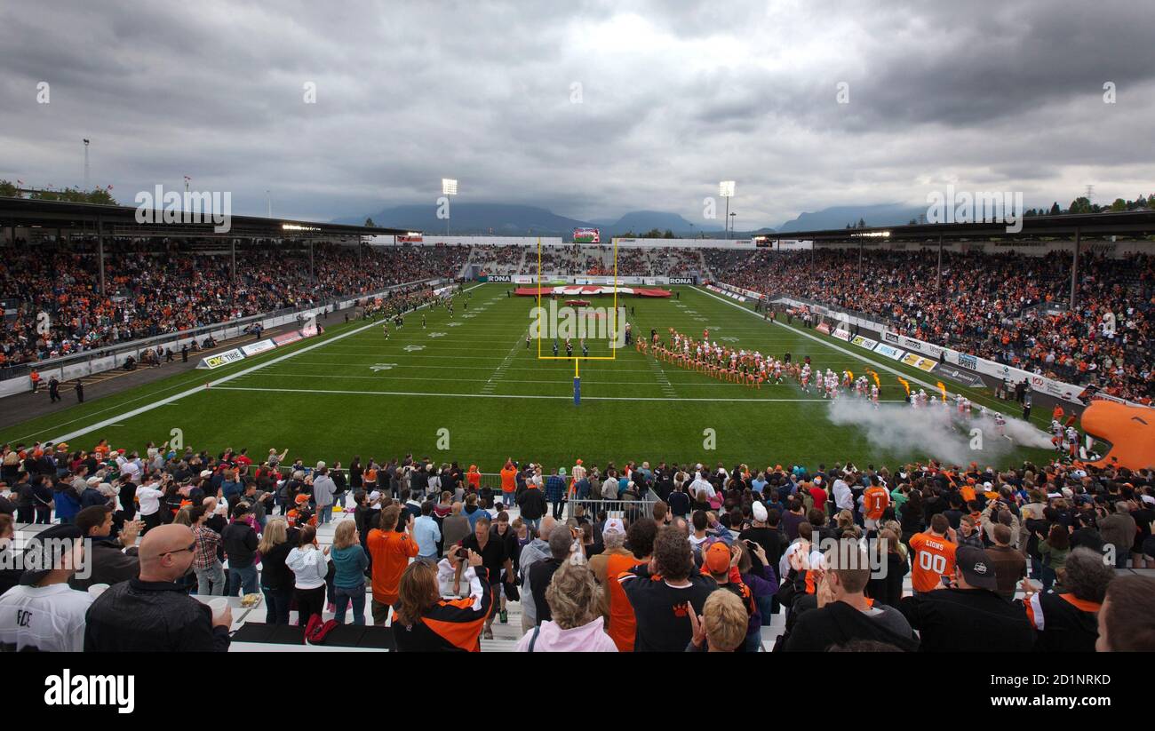 The Bc Lions Run Onto Field For The First Time In Their Temporary Stadium Prior To Their Cfl Exhibition Football Game Against The Edmonton Eskimos In Vancouver British Columbia June 20 2010