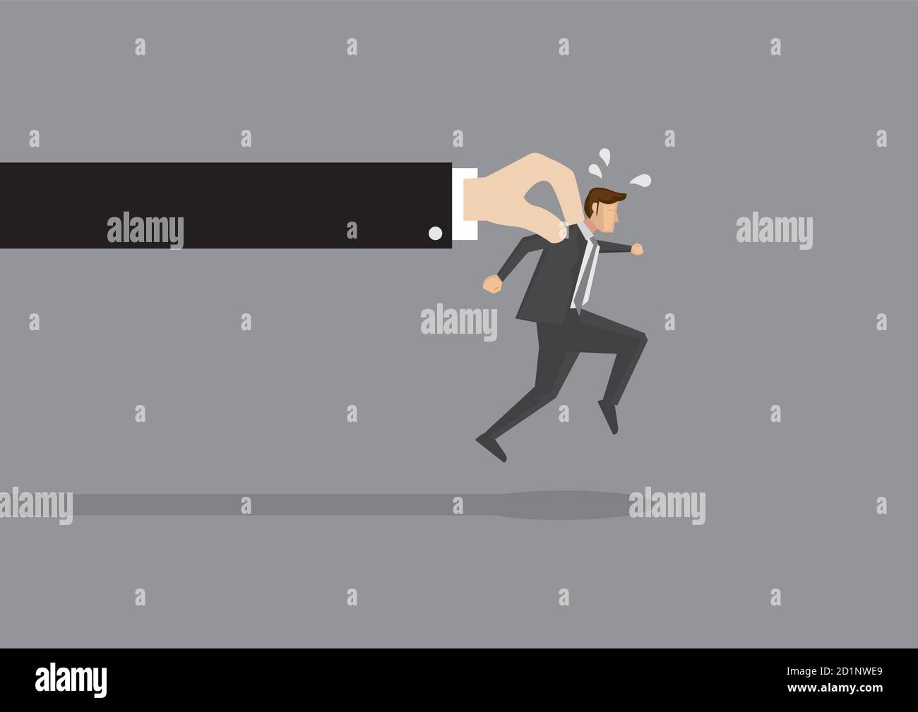 Businessman tries hard to run but a huge hand holds him back. Conceptual vector illustration for getting caught or trying to break free from greater f Stock Vector