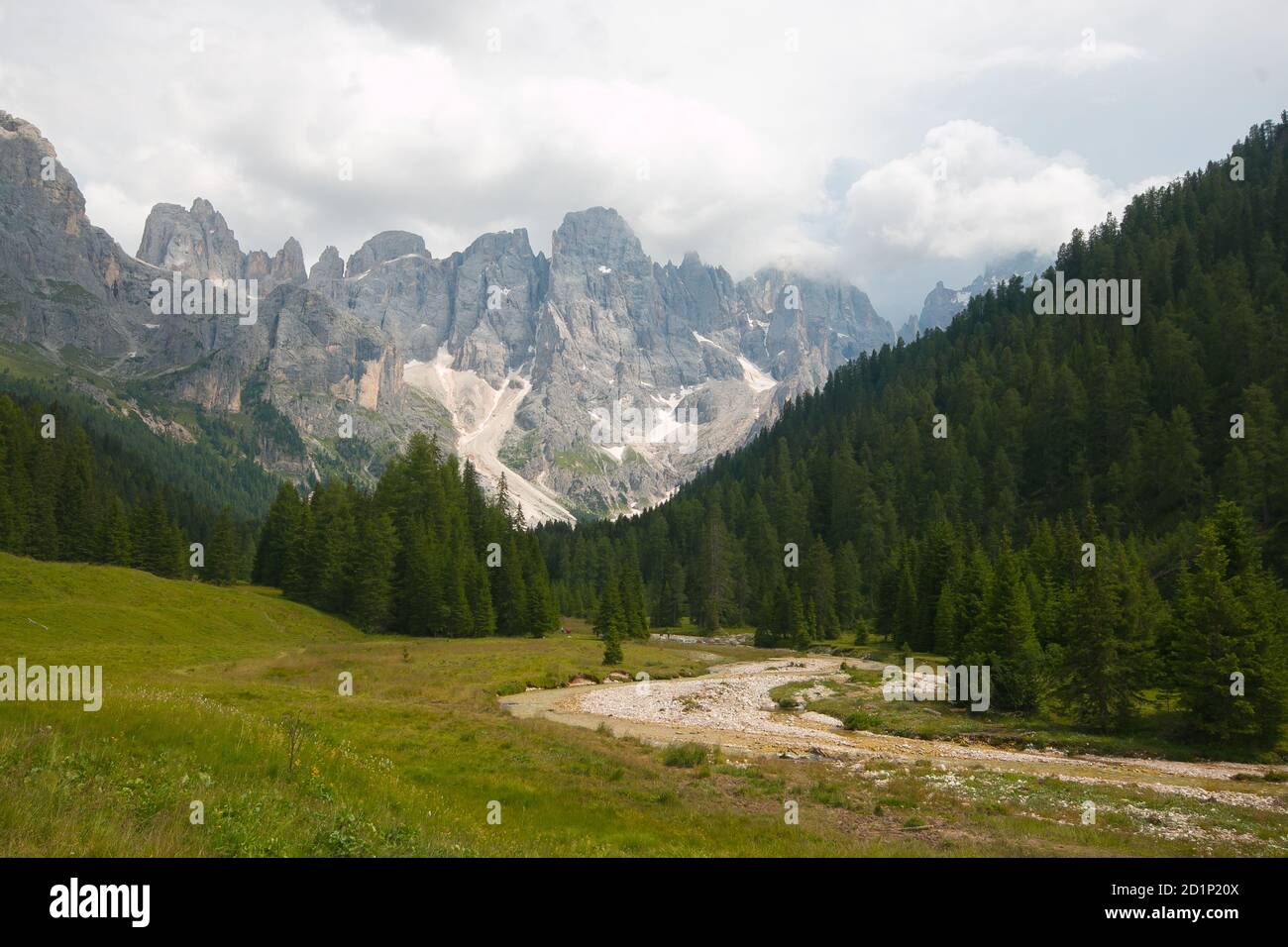 The Pale of San Martino group view from Malga Venegia in the Dolomites Stock Photo