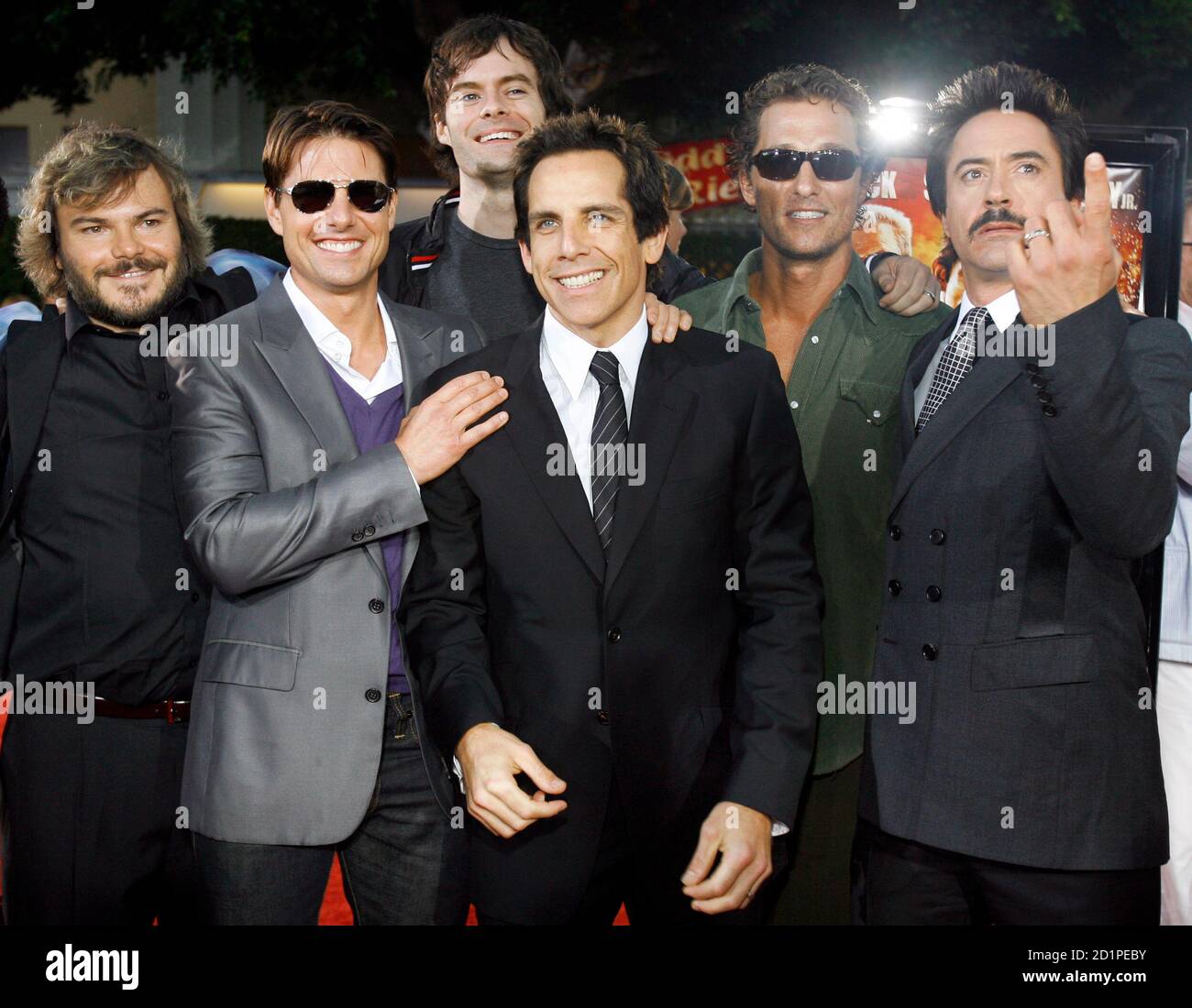 Cast members (from L-R) Jack Black, Tom Cruise, Bill Hader, Ben Stiller, Matthew  McConaughey and Robert Downey Jr. pose at the premiere of "Tropic Thunder"  at the Mann's Village theatre in Westwood,