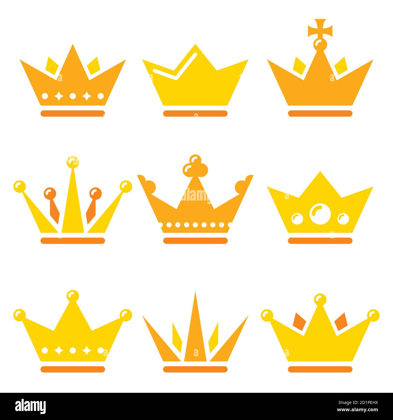 Crown, royal family vector icons set - design in gold color isolated on white Stock Vector