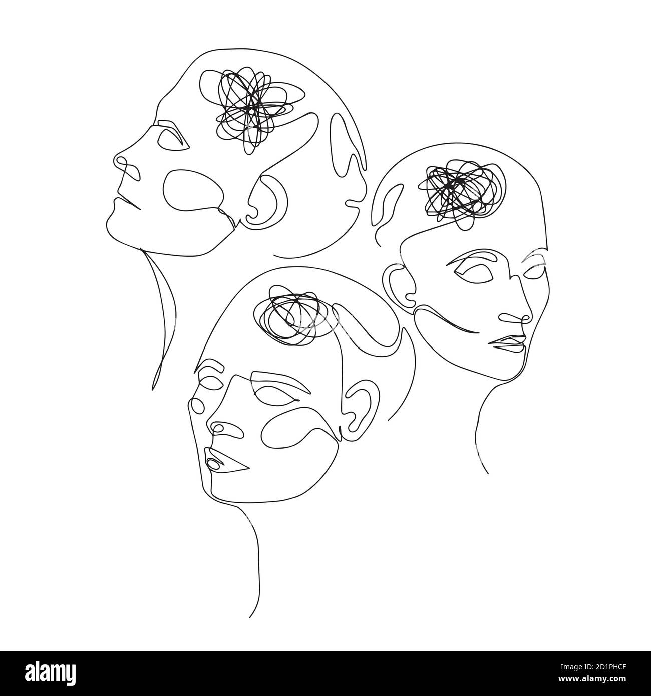 Line Drawing Of Three Human Heads With Confused Thoughts In Their Brain Vector Illustration For Therapist And Psychologist Stock Vector Image Art Alamy
