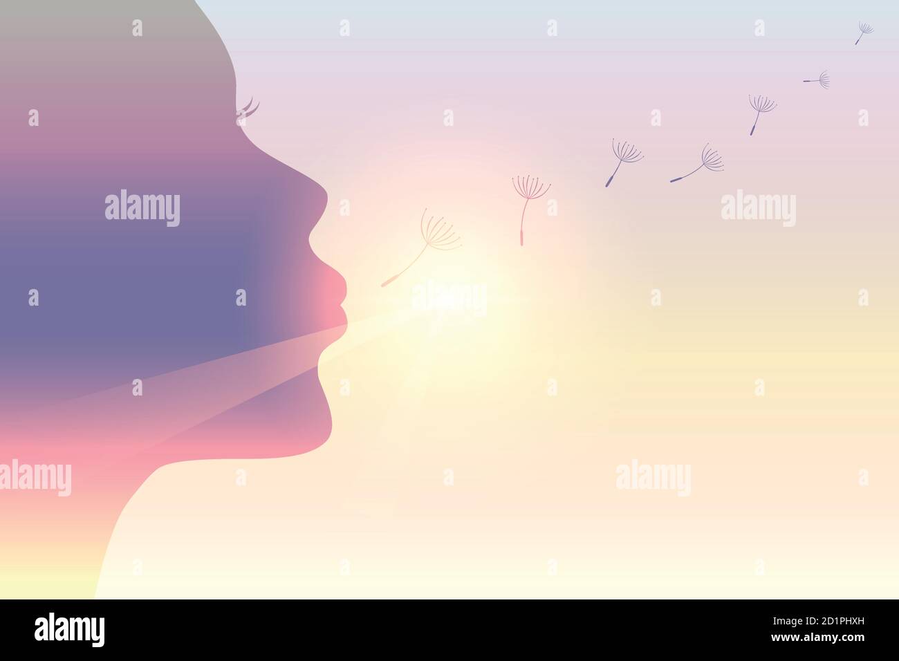 girl blows dandelion silhouette on sunny sky vector illustration EPS10 ...