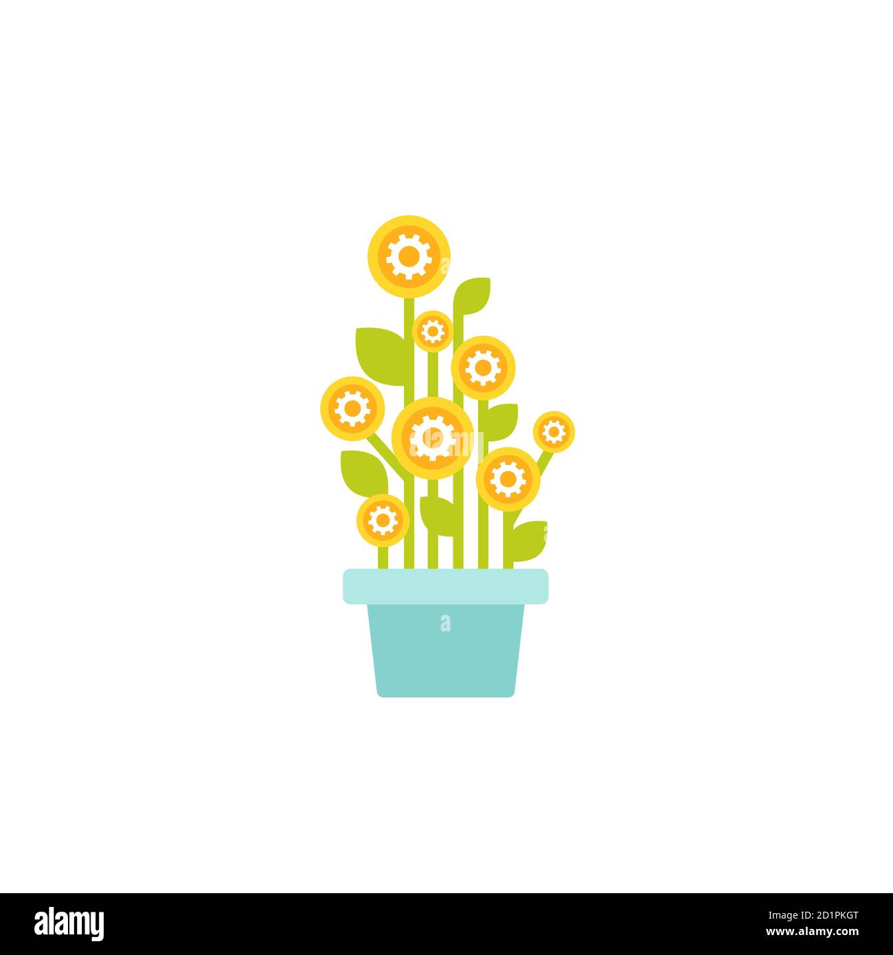Tree in pot with golden gears. Skills set and support icon isolated on white. Creative solutions, team work, know-how concept. Vector flat illustratio Stock Vector