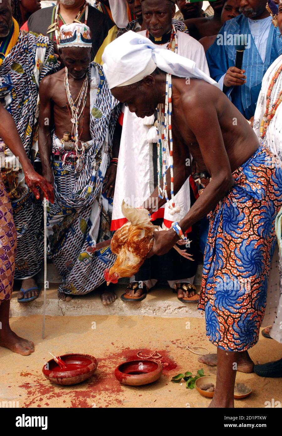 A voodoo practitioner prepares to sacrifice a chicken to collect the blood  in clay pots during a ceremony in Cotonou, December 19, 2007. Benin, the  home of ritual Voodoo sacrifice, became the