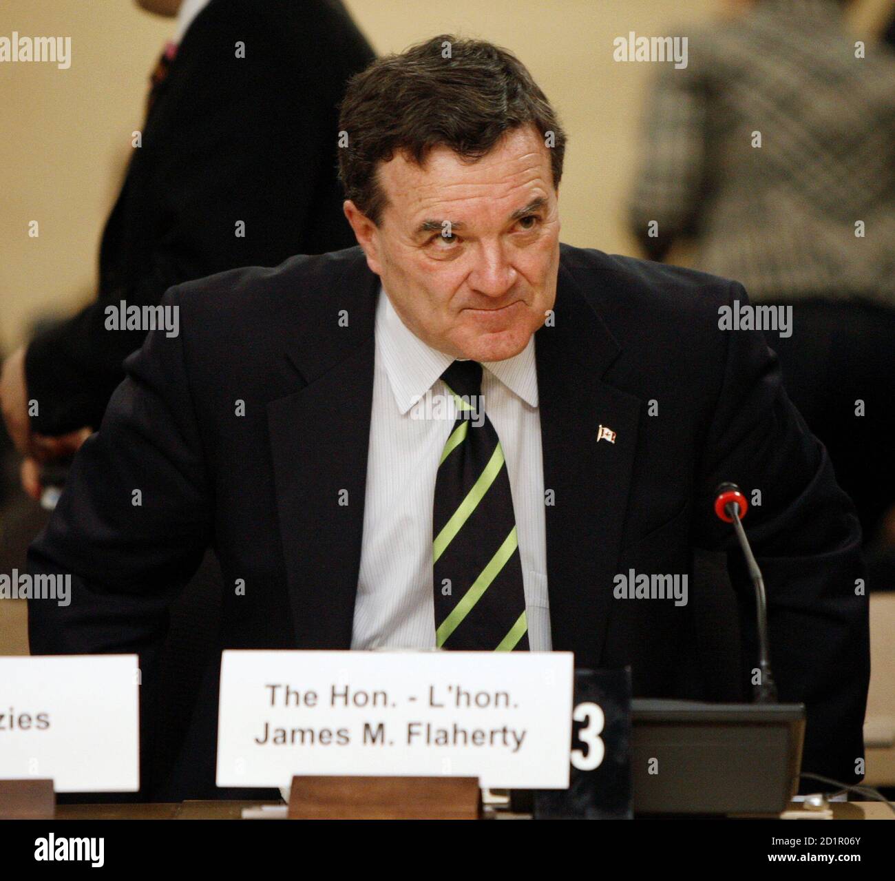 Canada's Finance Minister Jim Flaherty waits to testify before the Senate finance committee in Ottawa March 10, 2009. Canadian jobs data due out later this week will offer further evidence that the domestic economy is reeling from the global economic slowdown, Flaherty said on Tuesday.         REUTERS/Chris Wattie       (CANADA POLITICS BUSINESS) Stock Photo