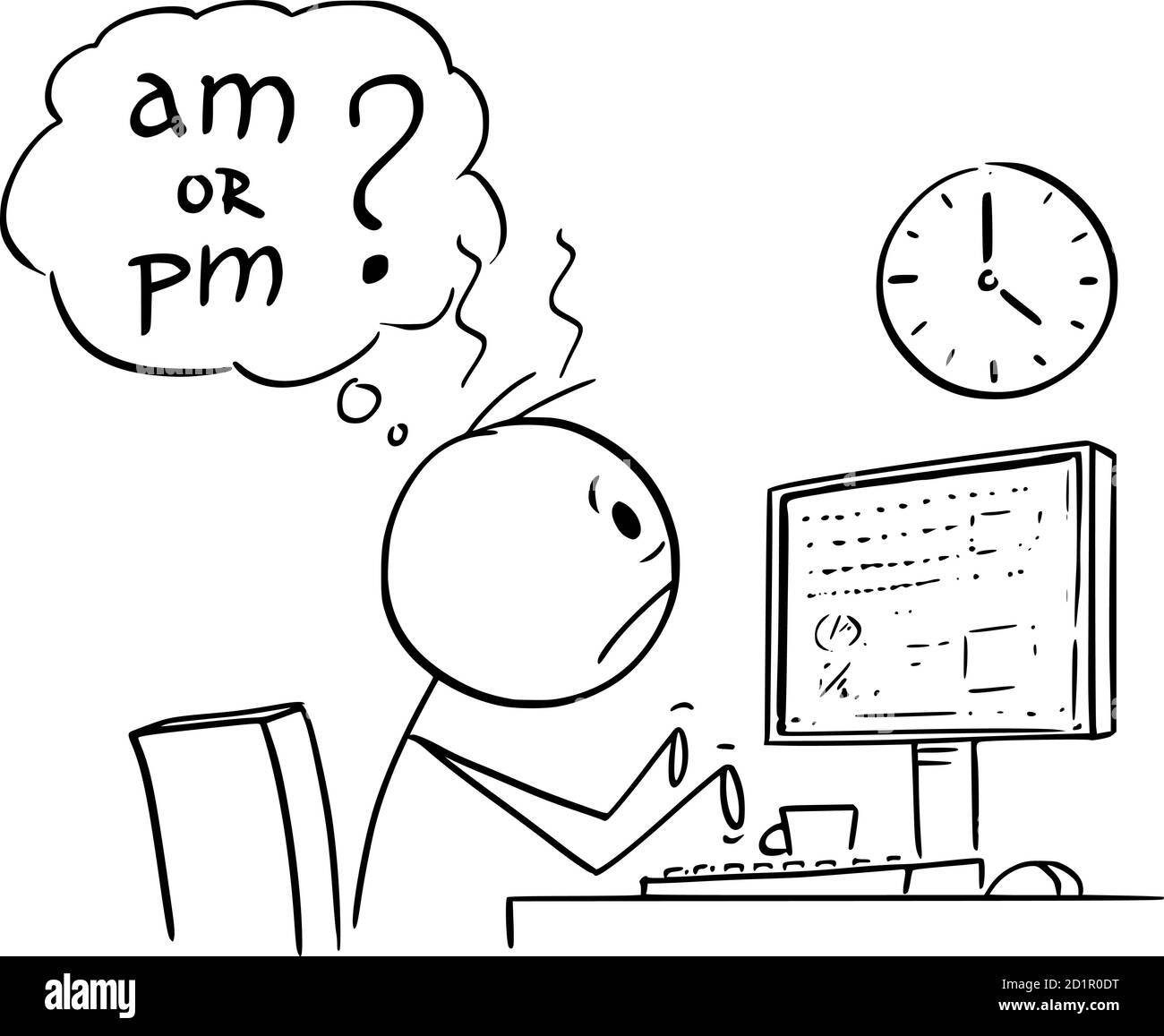 Vector cartoon stick figure drawing conceptual illustration of tired or frustrated office worker, man or businessman working on computer long overtime and watching wall clock. He is thinking if it's am or pm, day or night. Stock Vector
