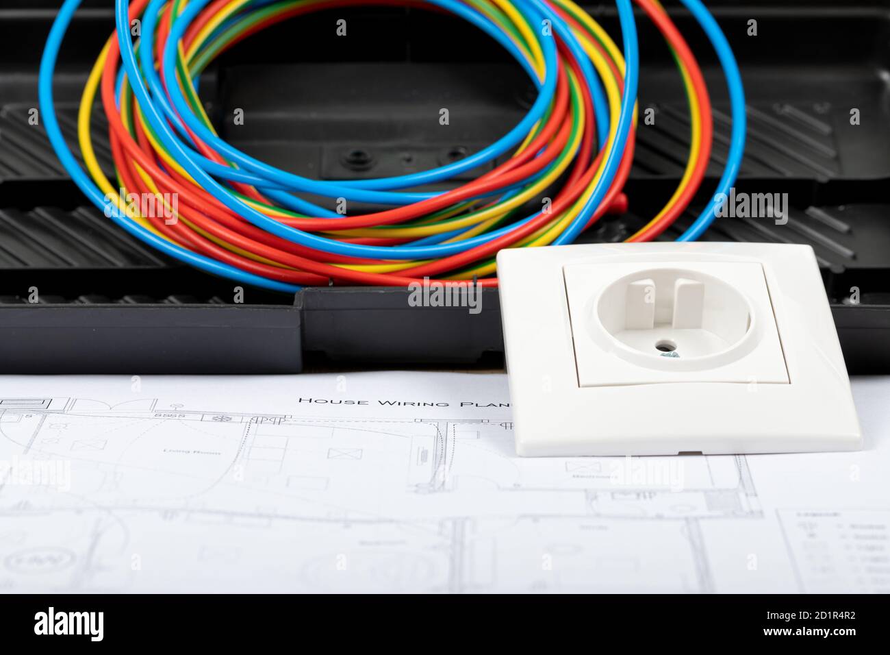 Tools for electrician needs: shocket multimeter, voltage testers, wire strippers, pliers, Stock Photo