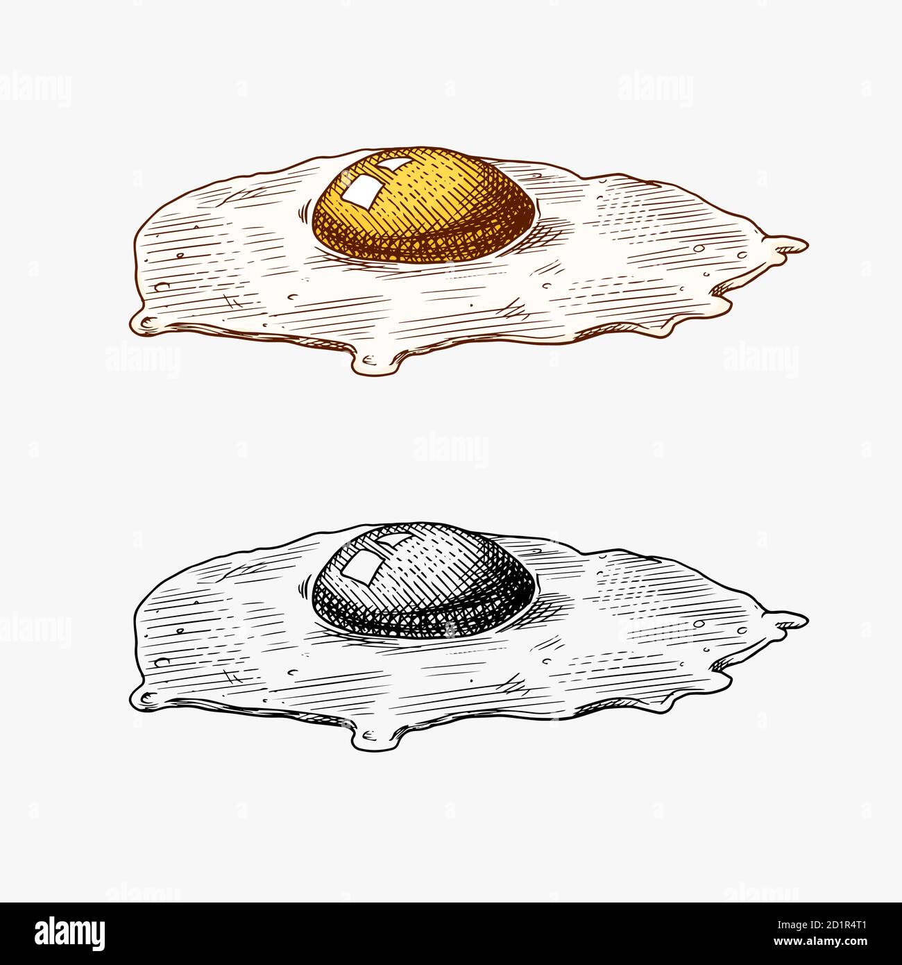 Fried eggs. Scrambled omelette and yolk. Farm product. Engraved hand