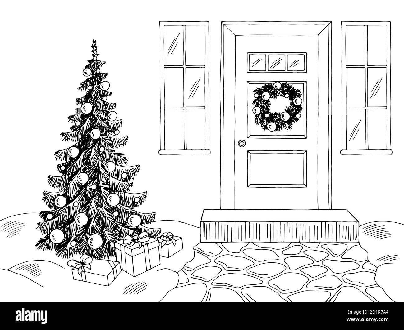 Christmas house exterior winter graphic black white landscape sketch illustration vector Stock Vector