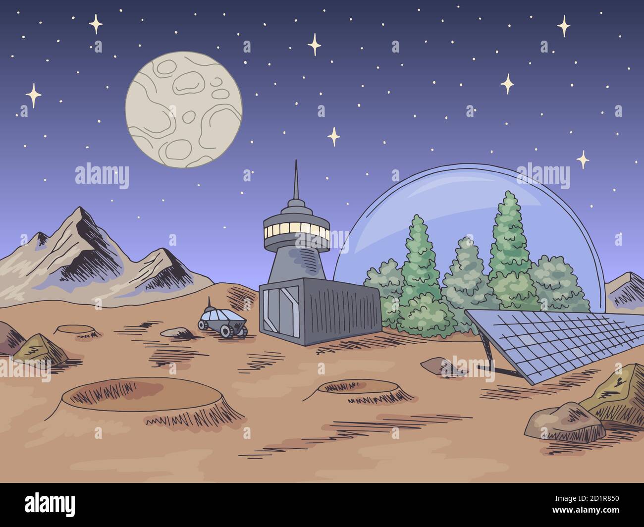 Colony planet graphic color space landscape sketch illustration vector Stock Vector