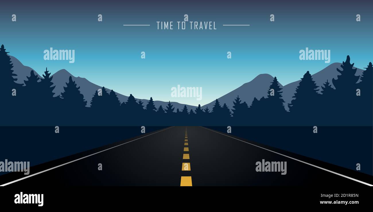 straight road in the forest with blue mountain landscape vector ...