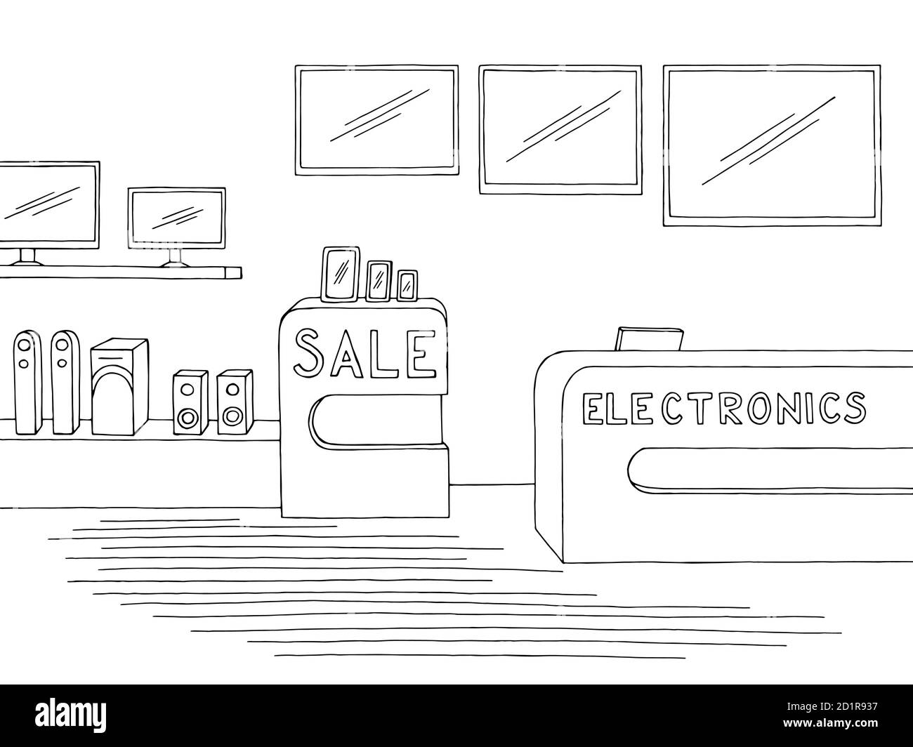 Electronics store interior graphic black white sketch illustration vector Stock Vector