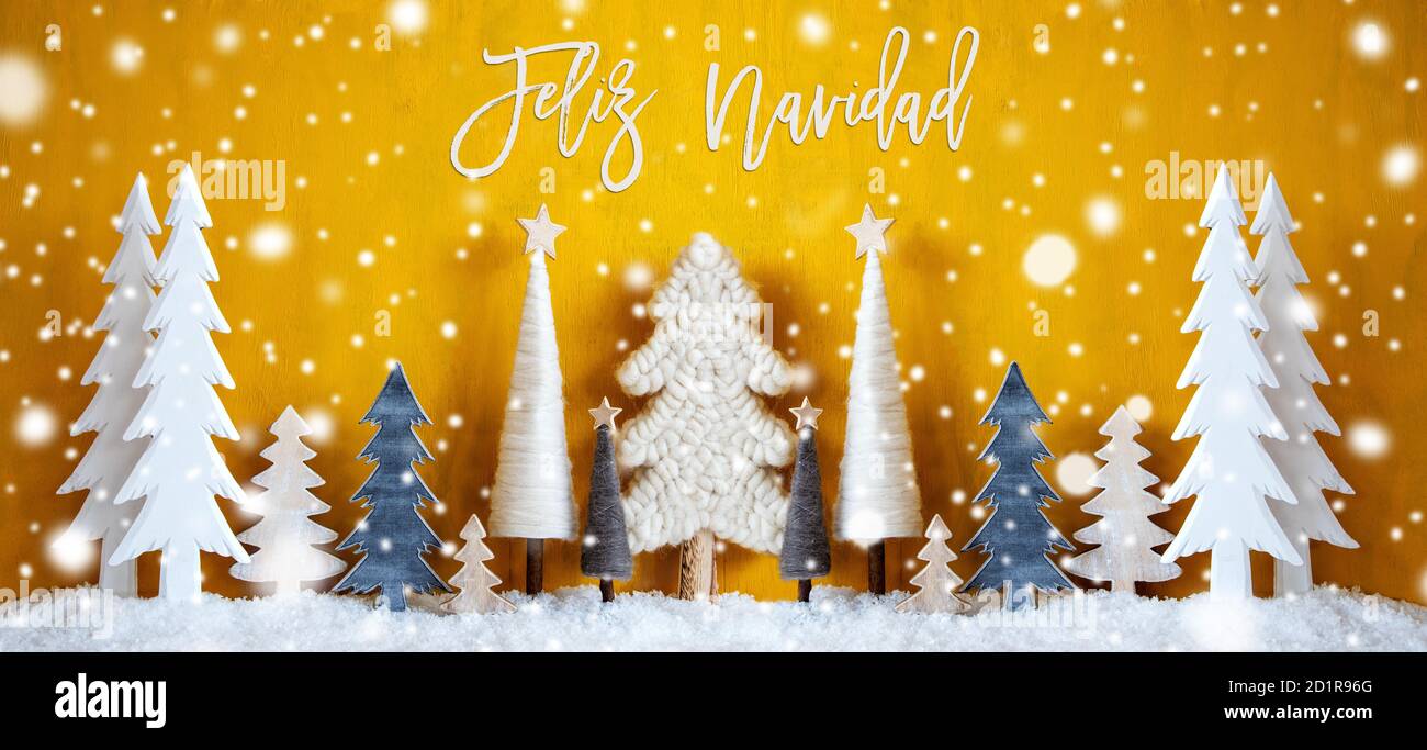 Banner, Tree, Snowflakes, Yellow Background, Feliz Navidad Means Merry Christmas Stock Photo