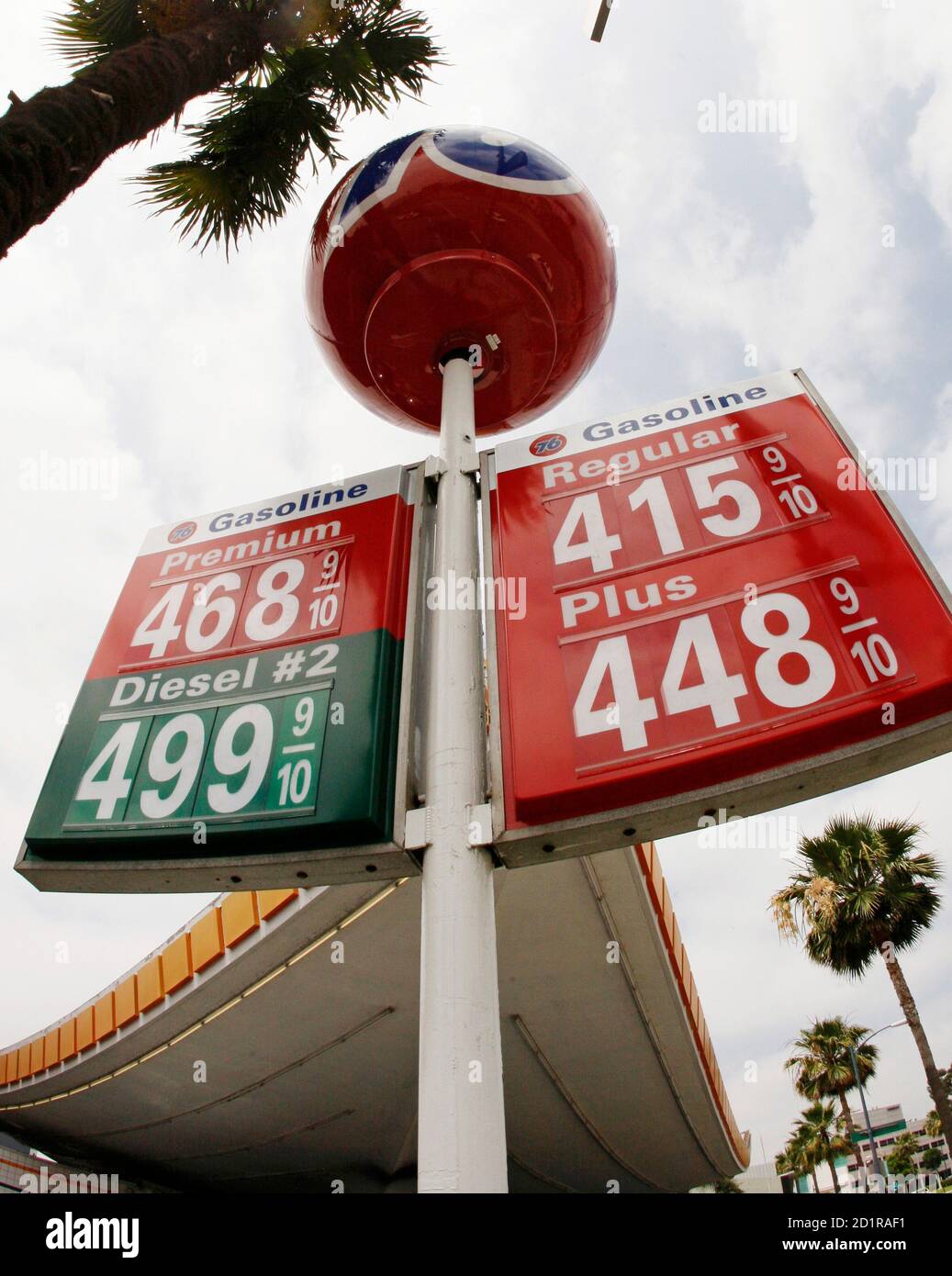 Gas prices are shown at a gas station in Beverly Hills, California May 20, 2008. Crude oil prices rose again on Tuesday, hitting record highs near $130 a barrel and sparking a gold rally for a second straight session.  REUTERS/Lucy Nicholson  (UNITED STATES)    REUTERS/Lucy Nicholson  (UNITED STATES) Stock Photo