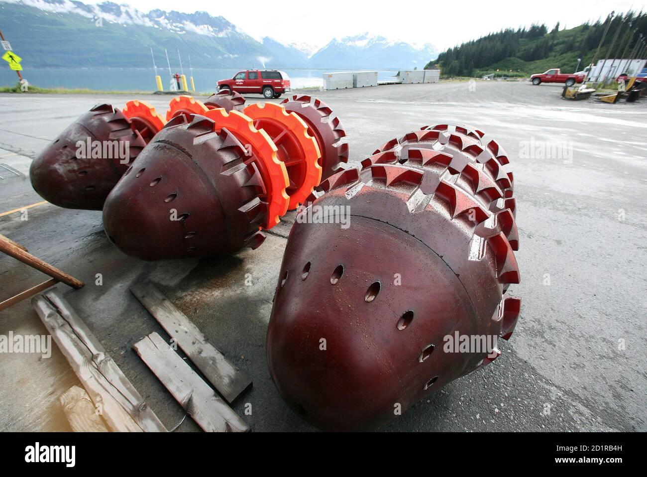 Paraffin cleaning 'pigs' can be seen at the Trans-Alaska Pipeline Marine Terminal in Valdez, Alaska on August 8, 2008.  Paraffin 'pigs' are inserted to scrape the walls of the 48-inch diameter pipeline to clean the waxy buildup that occurs when oil cools as it flows from the oil fields in Prudhoe Bay.  REUTERS/Lucas Jackson  (UNITED STATES) Stock Photo