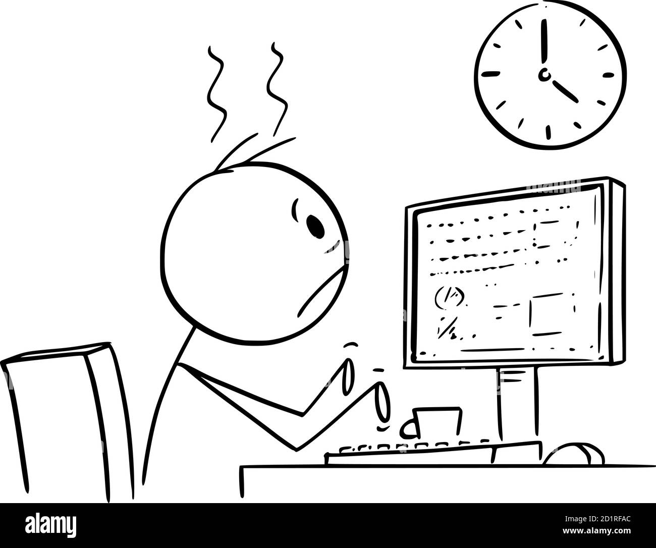 Vector cartoon stick figure drawing conceptual illustration of tired or frustrated office worker, man or businessman working on computer long overtime and watching wall clock. Stock Vector