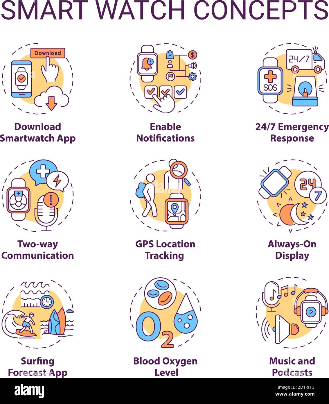 Smart watch concept icons set Stock Vector