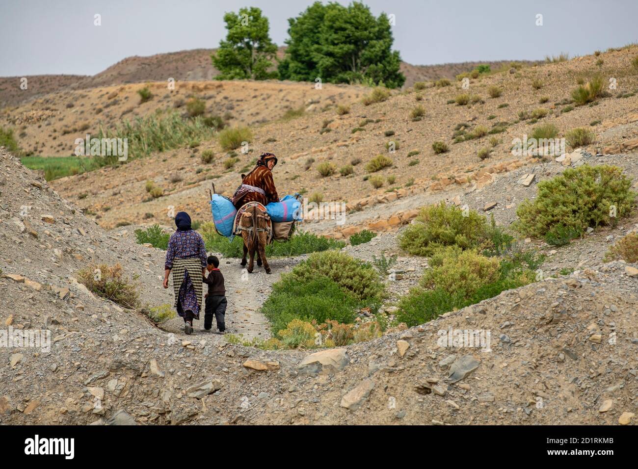 mujeres regresando del campo, Amellagou, alto Atlas, Marruecos, Africa Stock Photo