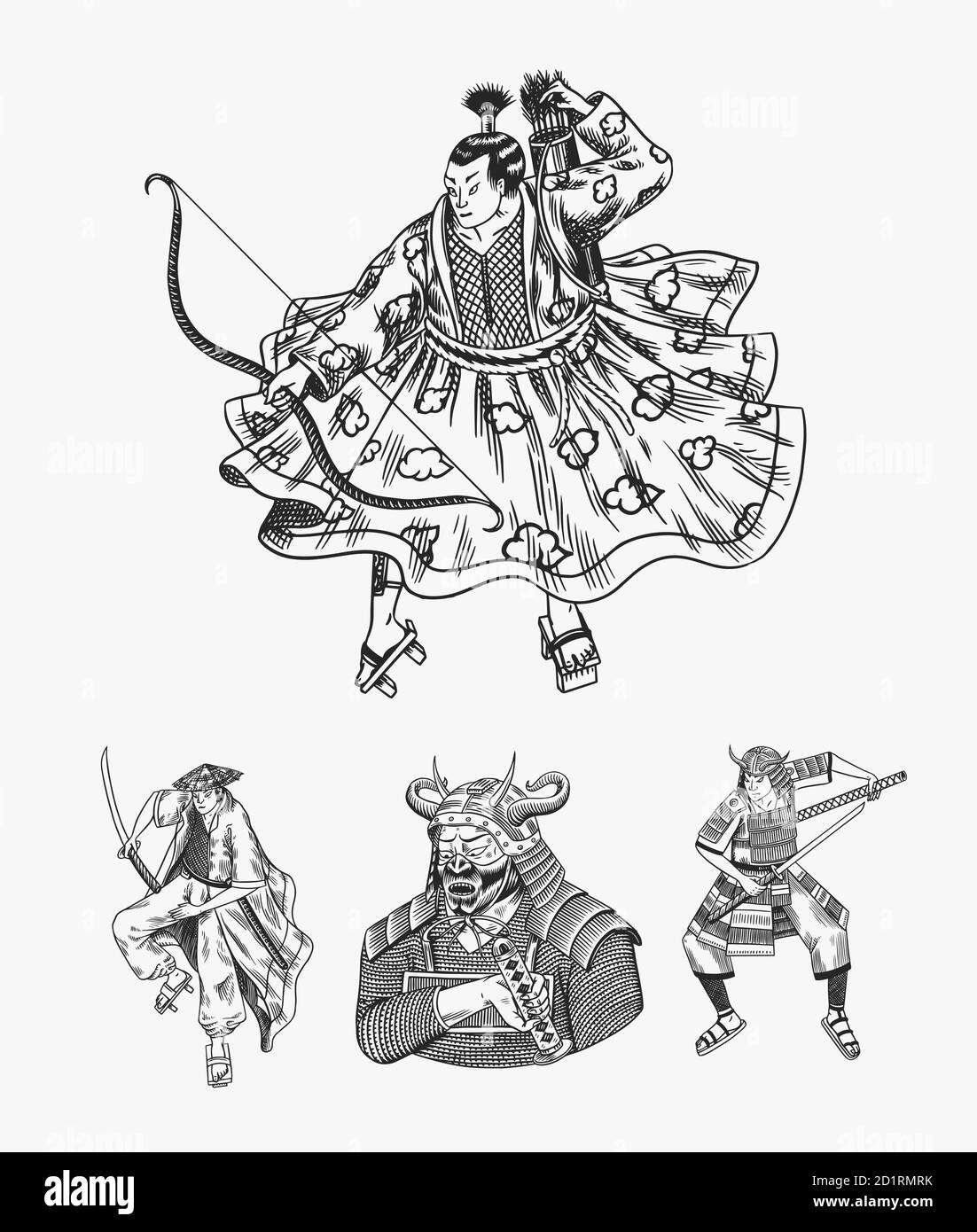 Japanese samurai set. Warriors with weapons sketch. Men in a fight pose. Hand drawn vintage sketches. Vector illustration in monochrome style. Stock Vector