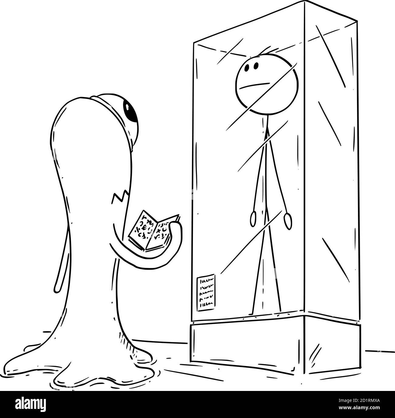 Vector cartoon stick figure drawing conceptual illustration of extinct man or male human being exhibited in museum exposition. Extraterrestrial space alien visitor is watching him. Stock Vector