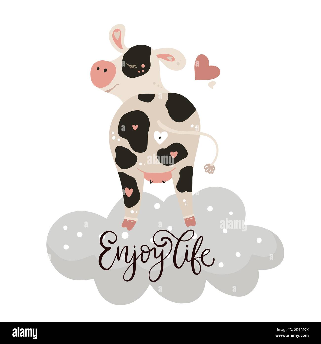 Christmas cute cartoon cow. Vector poster with hand drawn lettering - Enjoy  life. Dreaming Meditating animal greeting card and apparel print on white  Stock Vector Image & Art - Alamy