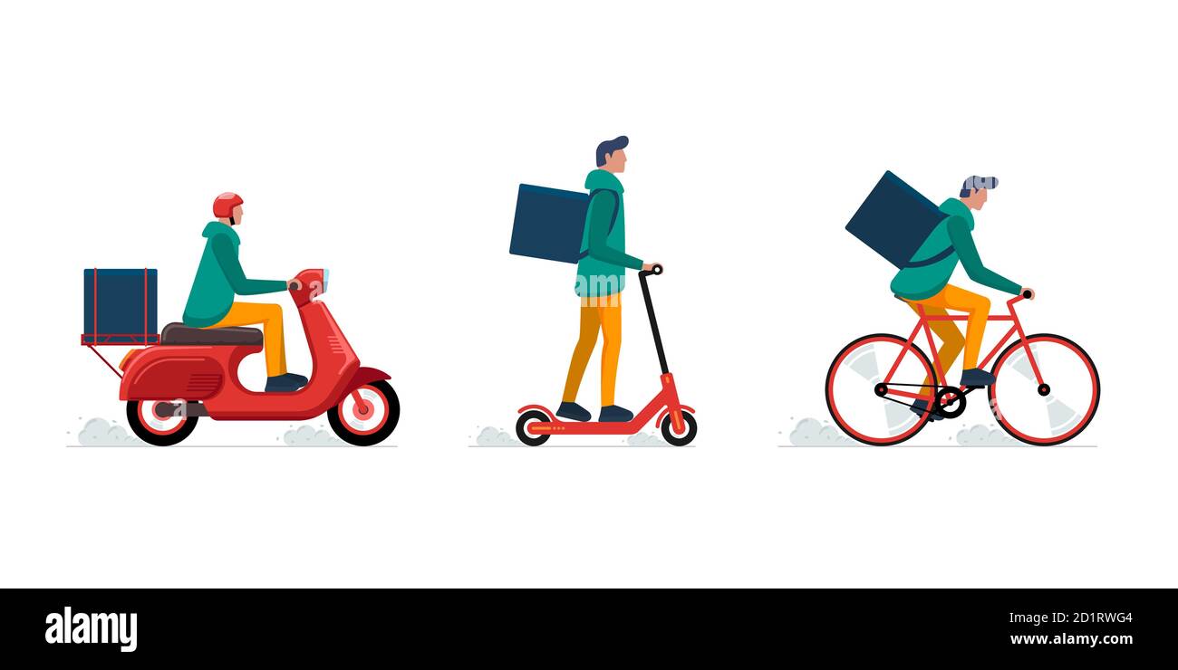 Express delivery courier service concept set. Online fast logistic male on bicycle or electric scooter moped with orders parcel box. Vector flat illustration Stock Vector