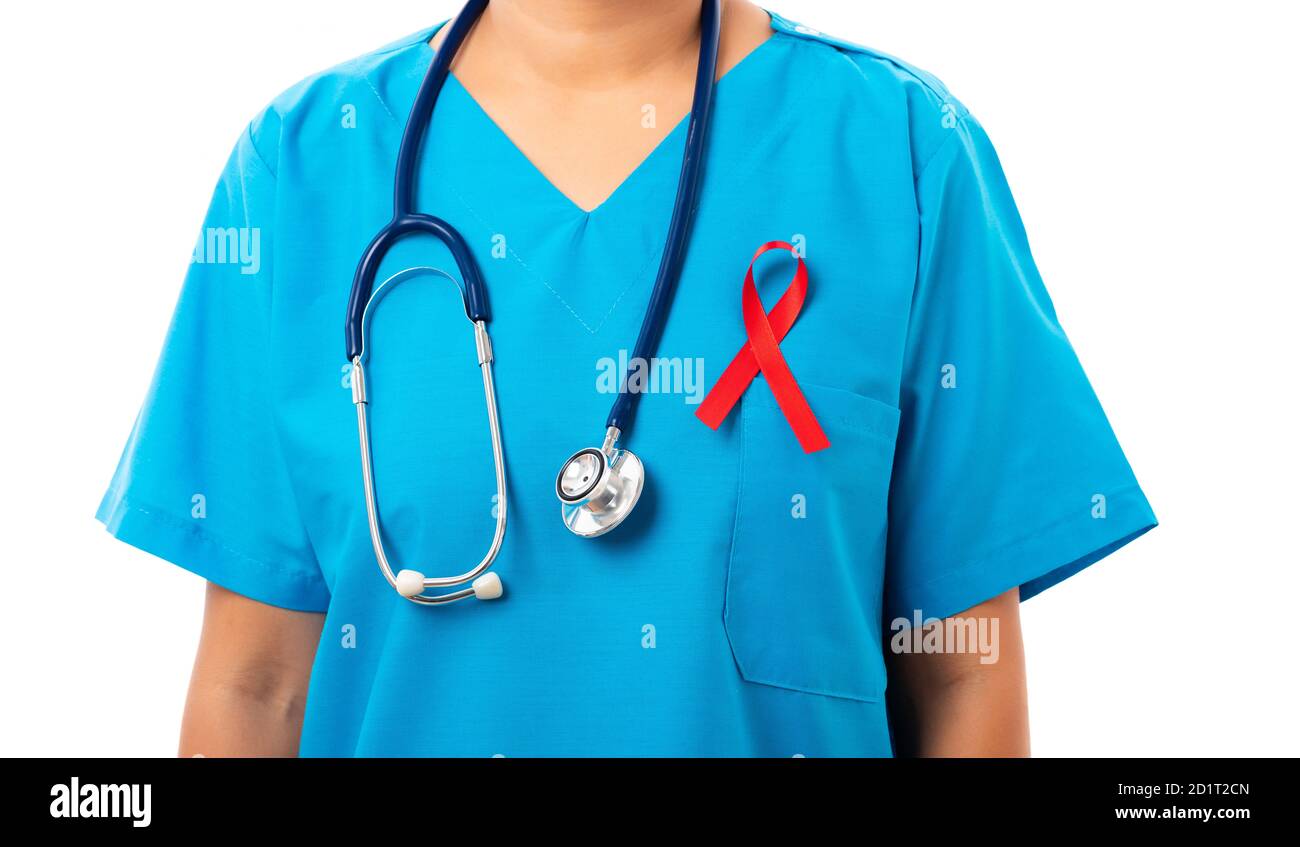 Woman nurse in clinic uniform with support HIV AIDS awareness red ...