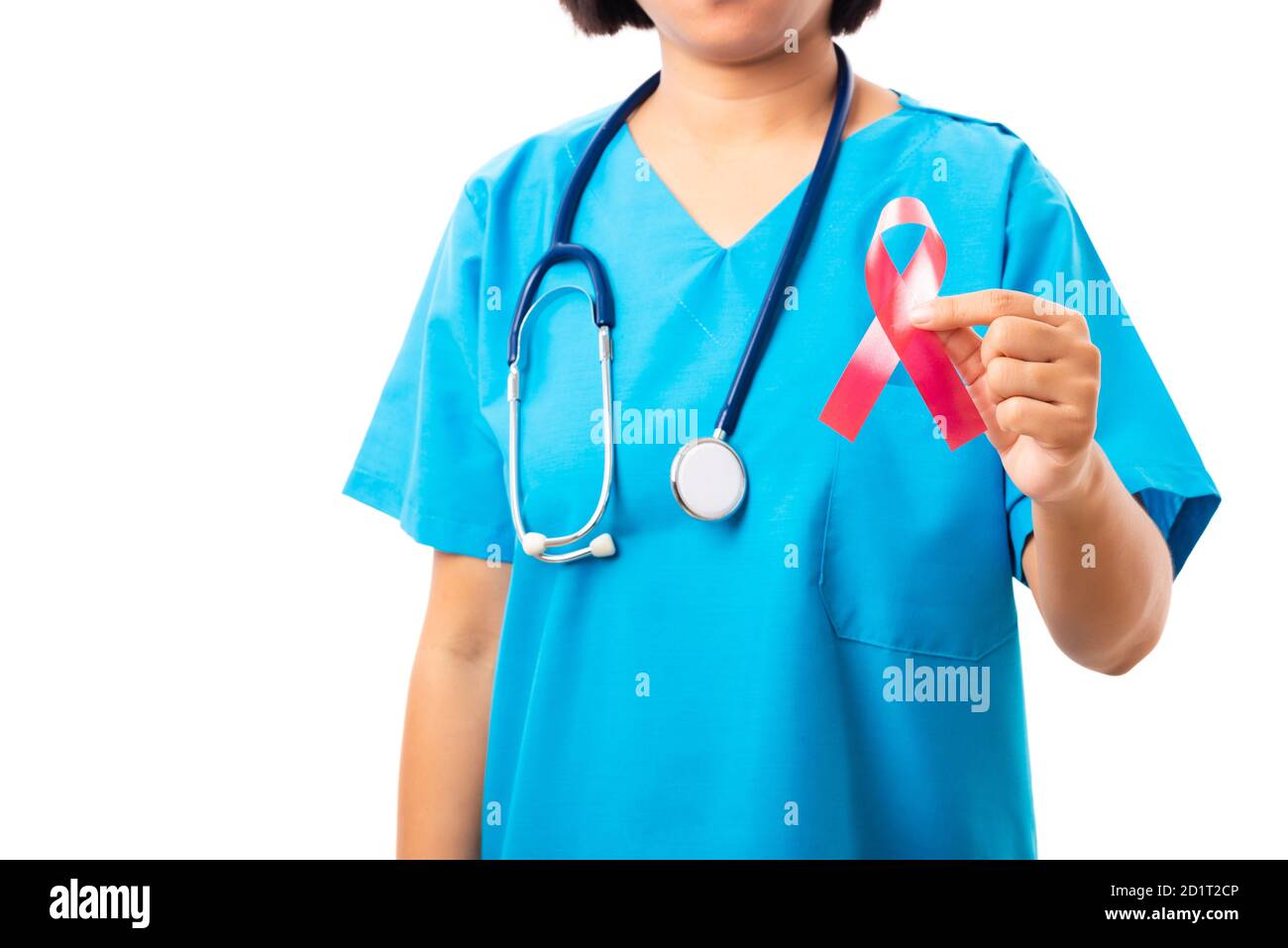 Woman nurse in clinic uniform holding support HIV AIDS awareness red ...