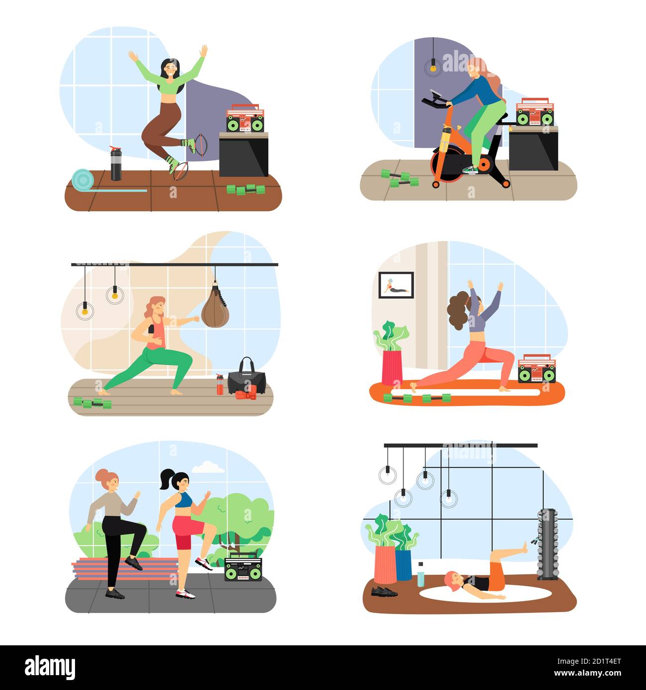 Women doing fitness, riding stationary exercise bike, flat vector illustration. Active and healthy lifestyle. Stock Vector