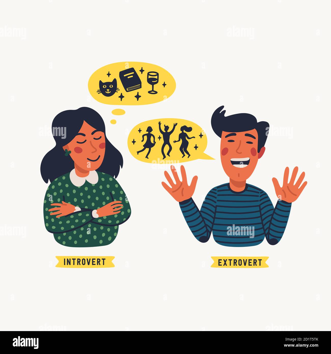 Extrovert and introvert. Extraversion and introversion concept - a young calm woman and talkative man Stock Vector