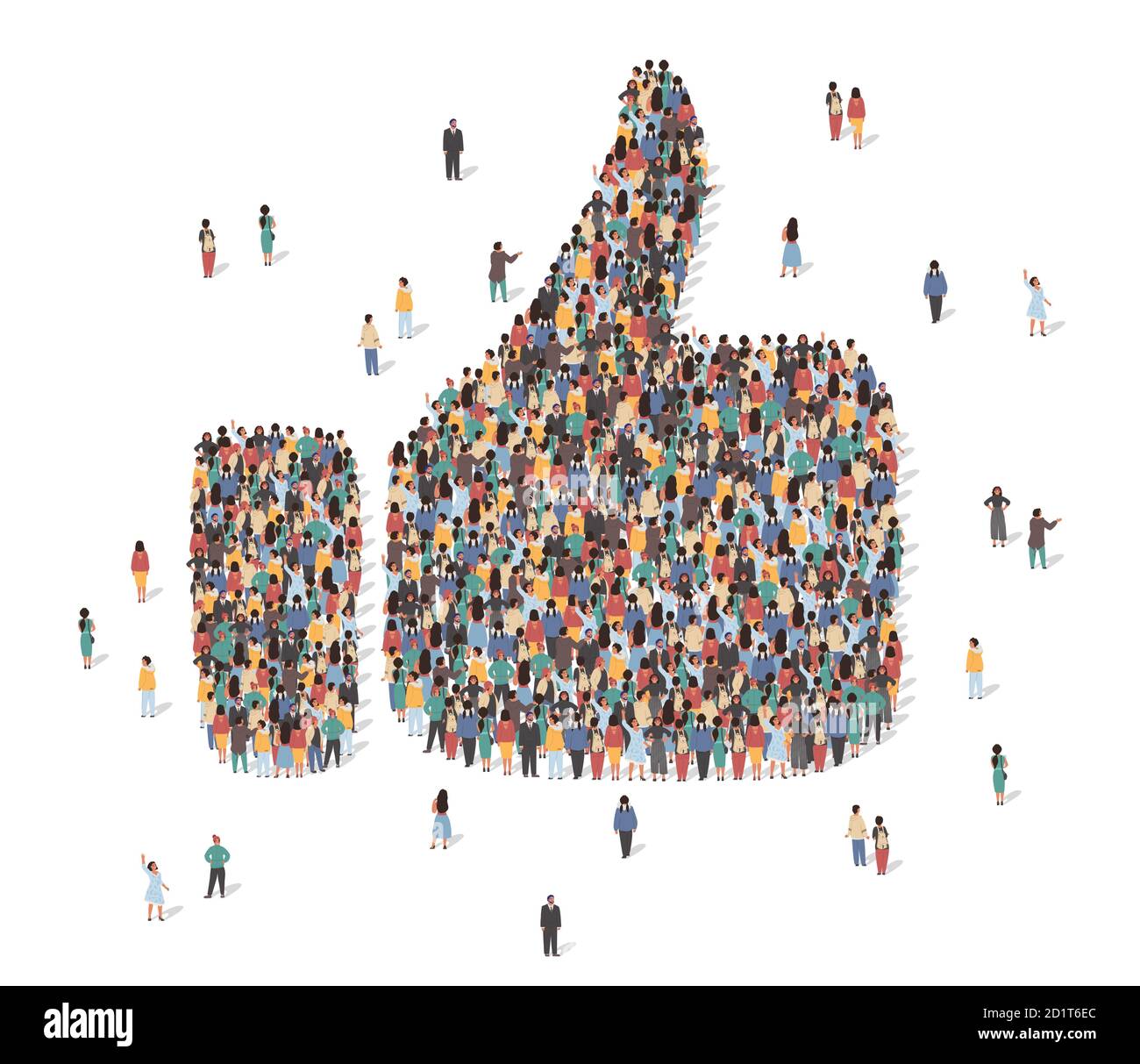 Like symbol made of many people, large crowd shape. Group of people stay in thumb up like sign formation. Social activity, collective action and Stock Vector