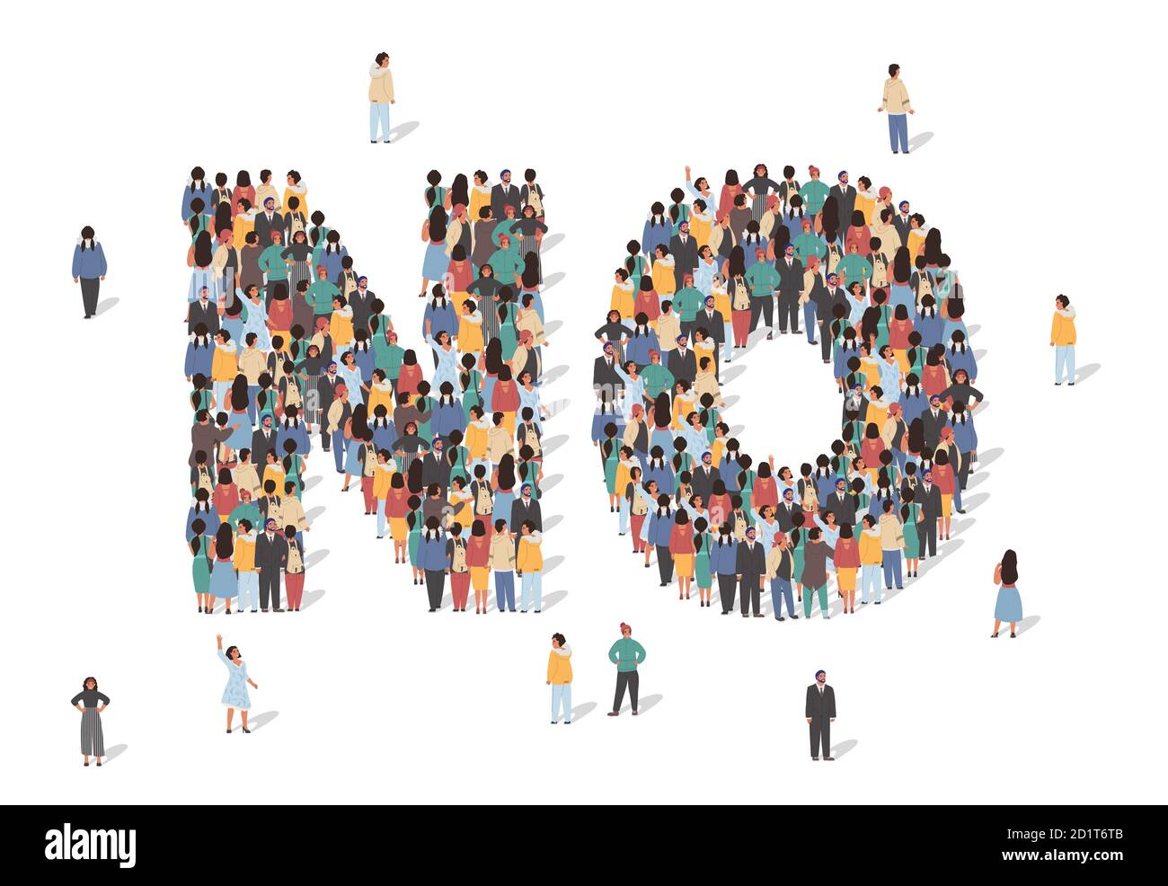 Word No made of many people, large crowd shape. Group of people stay in No sign formation. Social activity, collective action and public engagement Stock Vector