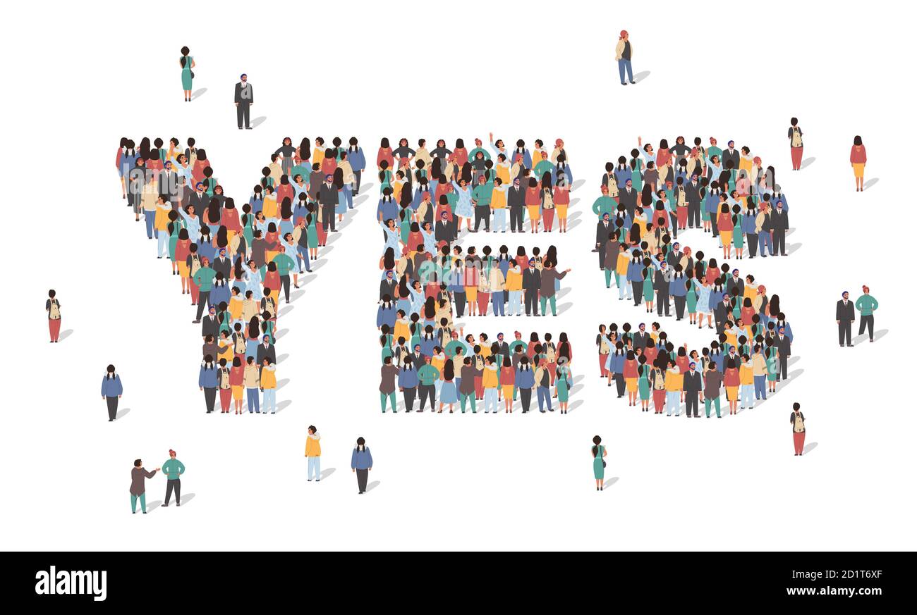 Word Yes made of many people, large crowd shape. Group of people stay in Yes sign formation. Social activity, collective action and public engagement Stock Vector