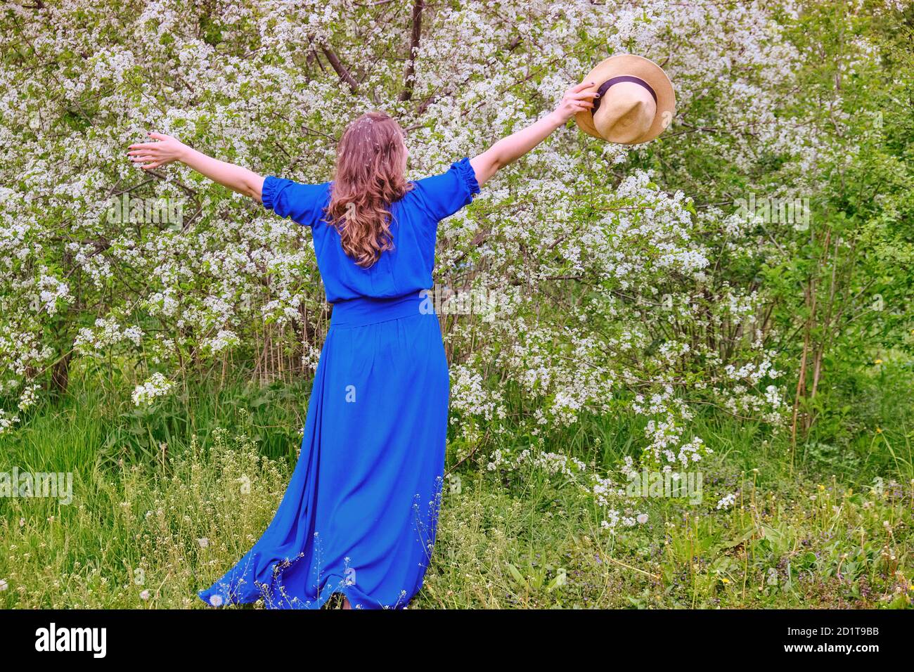 A girl in a blue dress stands with her back against the background of ...