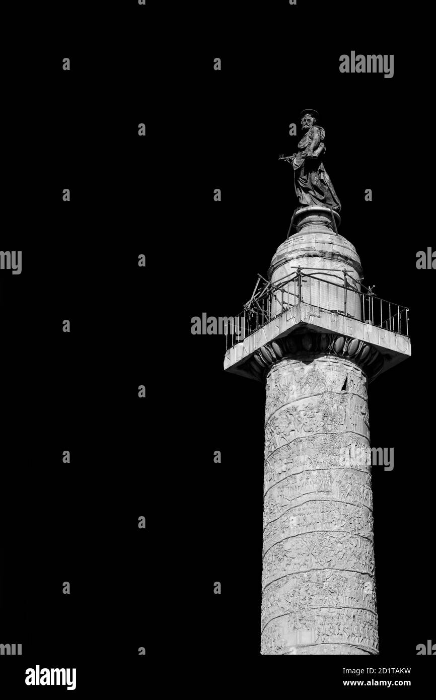 Ancient Trajan's Column in the historic center of Rome, built in 113 AD (Black and White with copy space) Stock Photo