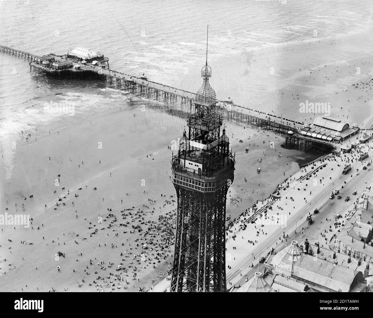 BLACKPOOL, Lancashire. Aerial view of Blackpool tower and pier. Photographed in July 1920. Some damage to negative. Aerofilms Collection (see Links). Stock Photo