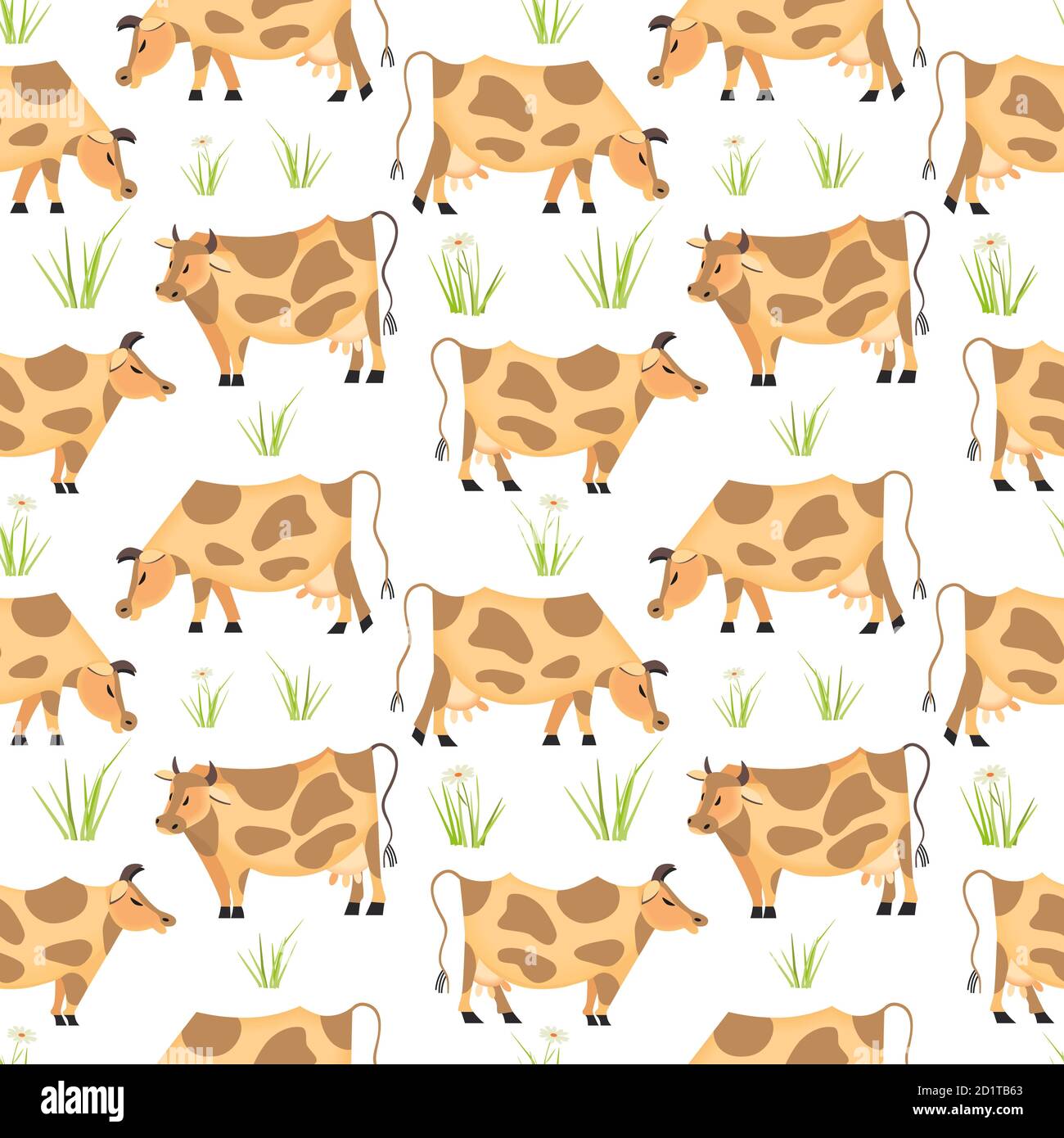 Quirky cows grazing grass seamless pattern Stock Vector