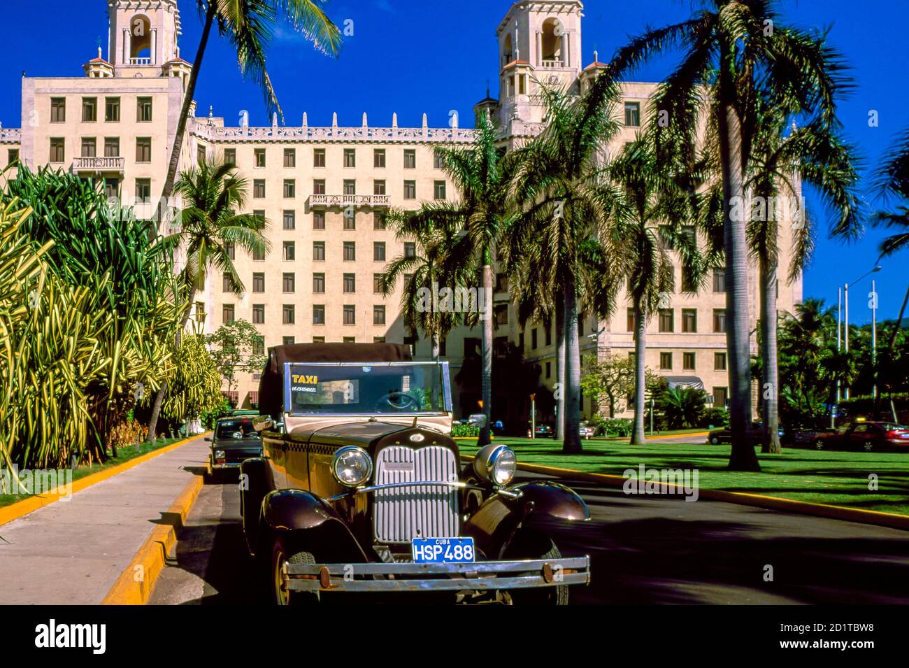 Classic American car, 1929 Ford Model A cabriolet, parked at Hotel Nacional de Cuba, Havana Stock Photo