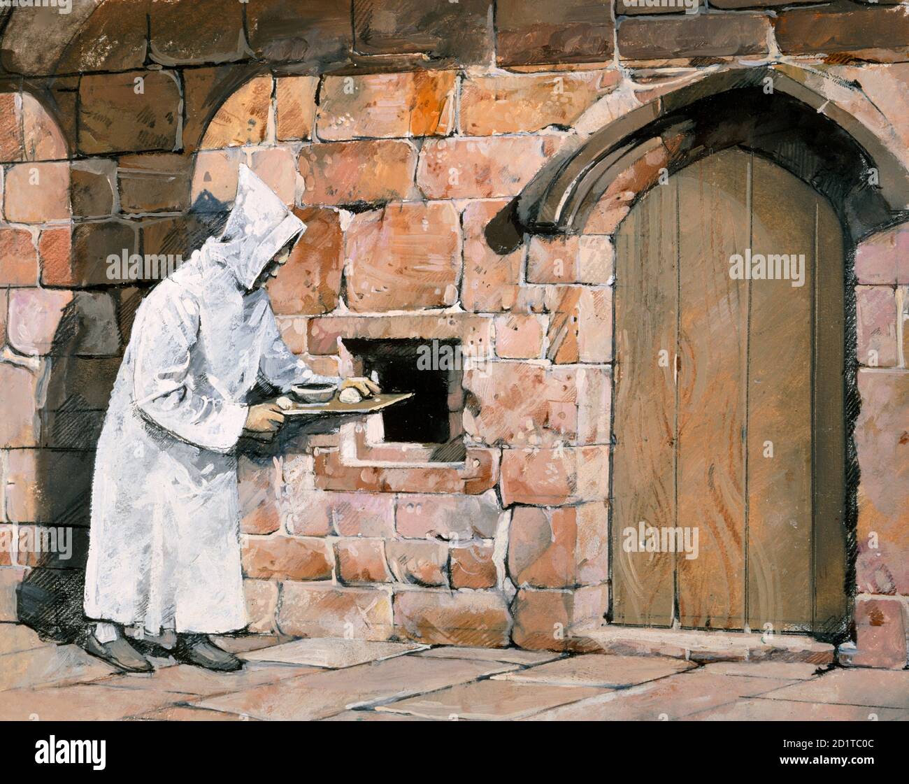 MOUNT GRACE PRIORY, North Yorkshire. Reconstruction drawing by Ivan Lapper of lay brother bringing food to a monk's cell. Stock Photo